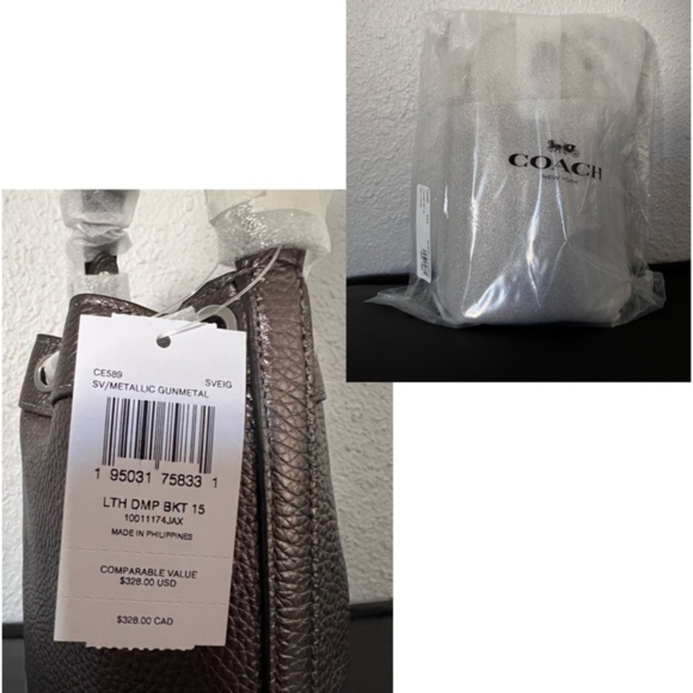 NWT COACH DEMPSEY DRAWSTRING BUCKET BAG 15 IN SILVER/METALLIC GUNMETAL CROSSBODY - Picture 10 of 14